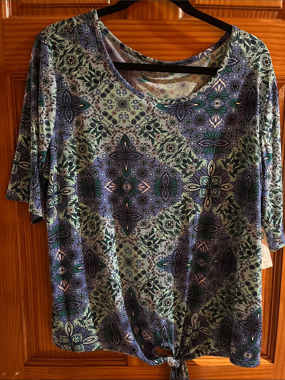 East 5th Blue and Green Floral Tie-Hem Short Sleeve Top